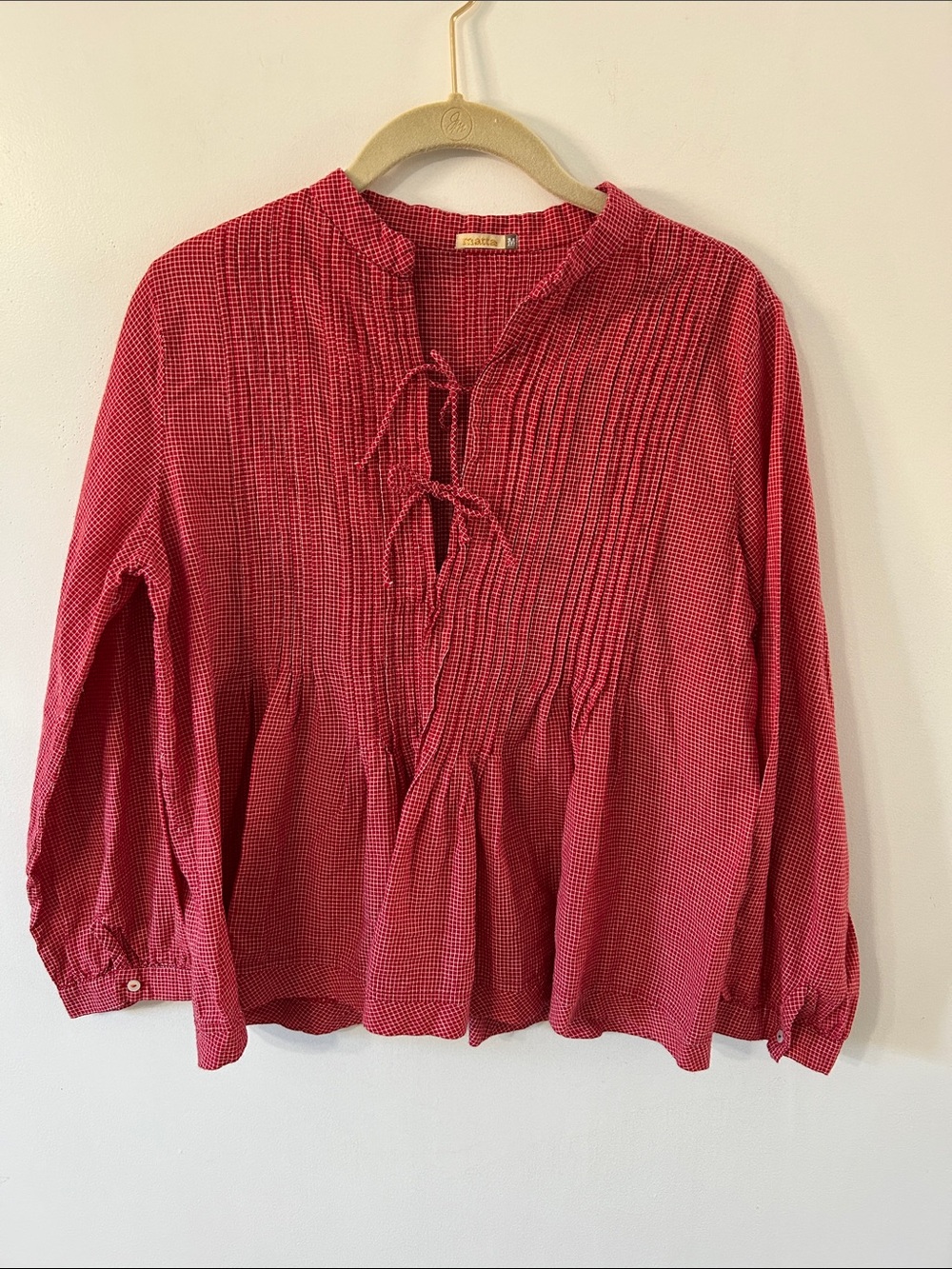 Matta Alma Top Red Tiny Checks Pintuck Tie-Front Peasant Mandarin Collar Blouse